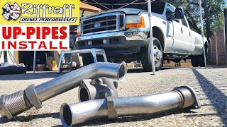 2001 F350 73  RiffRaff UpPipes Install  Stock up pipes leaking and falling apart JUNK SP [upl. by Yerffoej]