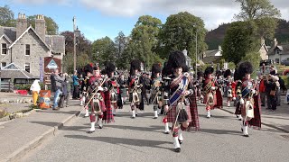 Massed Pipes and Drums march to the 2019 Braemar Gathering in Royal Deeside Aberdeenshire Scotland [upl. by Sussi]